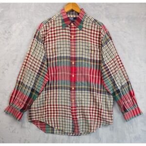 Vintage Polo Ralph Lauren Mens Large Red Green Gingham Plaid Cotton Wool Shirt